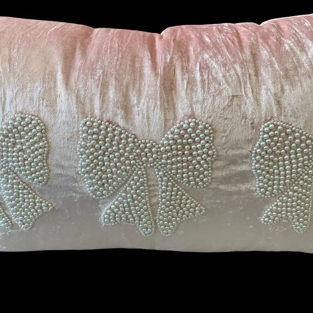 Magaschoni Beaded Faux Pearl Bows on Pink Velvet Decorative Pillow 14x20 New